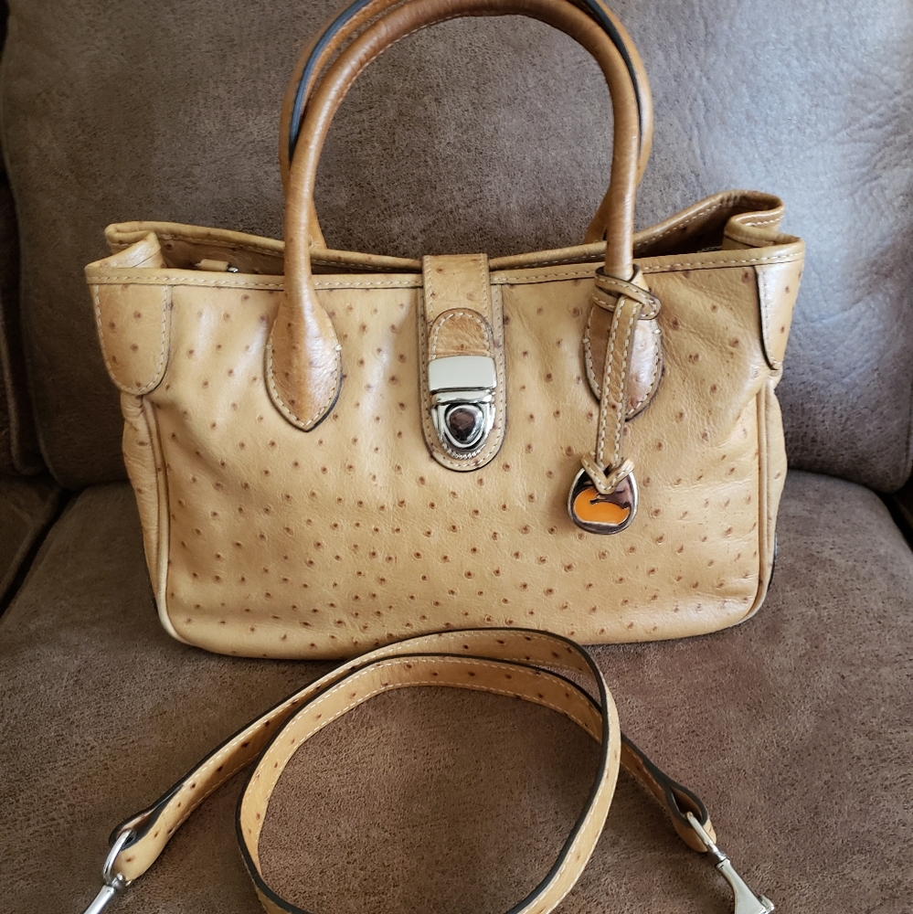 Vintage Dooney&Bourke Embossed Ostrich Carmel/Tan Satchel Shoulder Strap & Charm
